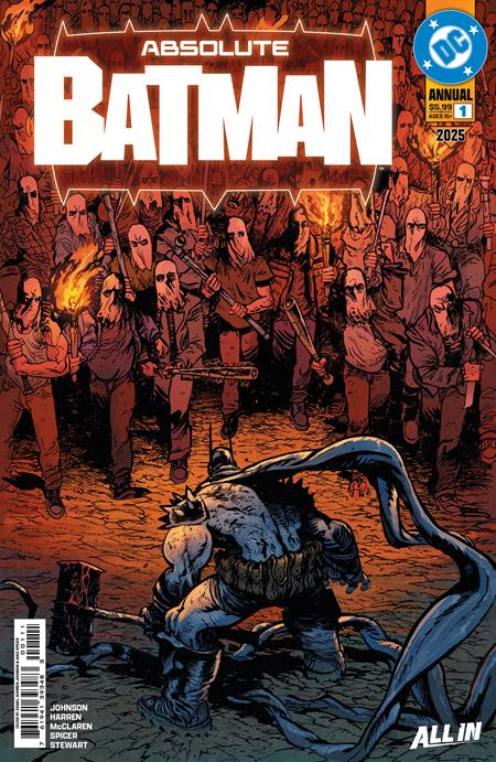 Cover of Batman posed from behind in front of a group of rioters with covered faces, weapons, and torches.