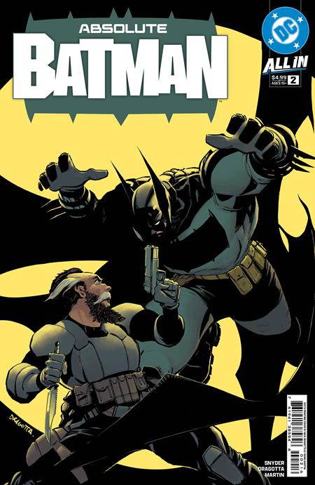 Comic book cover featuring Batman and a bearded man with a gun on a yellow and black background.