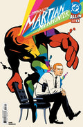 Comic book cover featuring a superhero and a man sitting on a chair with colorful background