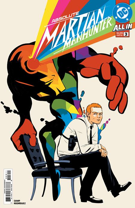 Comic book cover featuring a superhero and a man sitting on a chair with colorful background