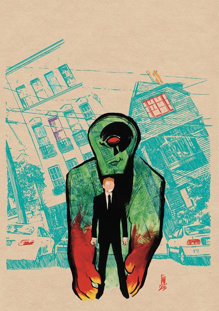 Illustration of a green alien in a suit standing in front of a cityscape.