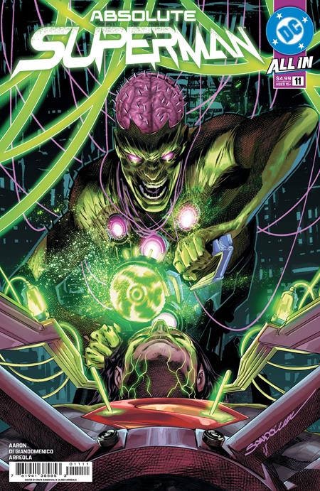 Comic book cover featuring a green superhero with glowing eyes and symbols, set against a dark background with neon green and purple accents.