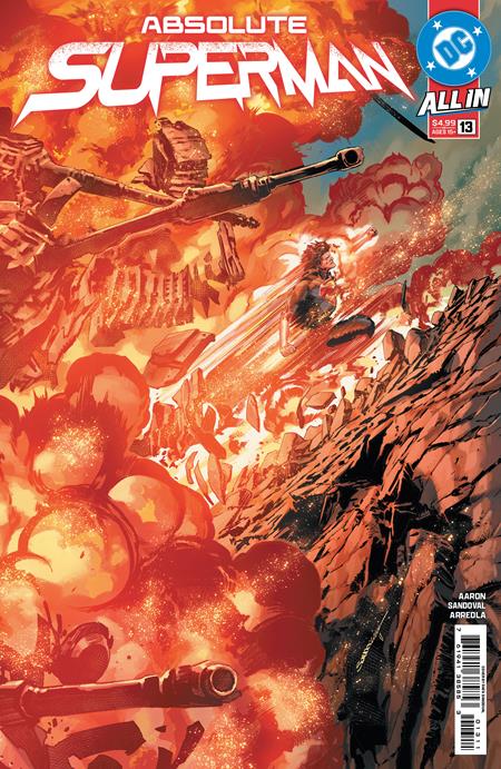 Comic book cover of 'Absolute Superman' with fiery background and action scene.
