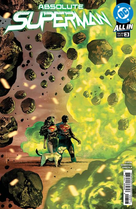 Comic book cover of 'Absolute Superman' with two characters and a dog on a rocky landscape.
