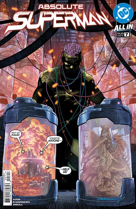 Comic book cover featuring a character with a helmet and two containers with images inside, titled 'Absolute Superman'.