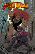 Comic book cover featuring a superheroine with red hair in an urban setting.
