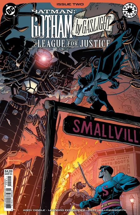 Comic book cover featuring Batman and Superman with a dark, urban background.