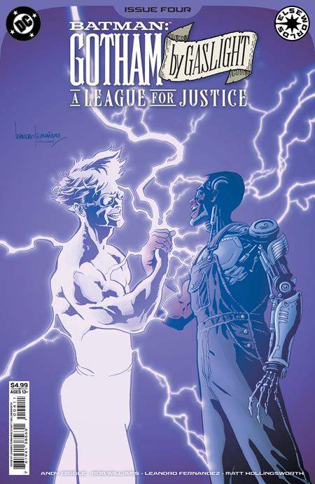 Comic book cover featuring two characters with a purple background and lightning effects.