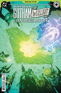 Comic book cover of Batman: Gotham by Gaslight and League of Justice with characters and logo.