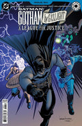 Comic book cover featuring Batman and other characters with a dark and dynamic layout.