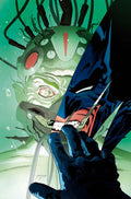 Comic book style illustration of a character in a dark outfit facing a large, menacing alien creature.