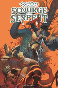 Comic book cover featuring a warrior and serpent with 'Conan: Scourge of the Serpent' text on an orange background.