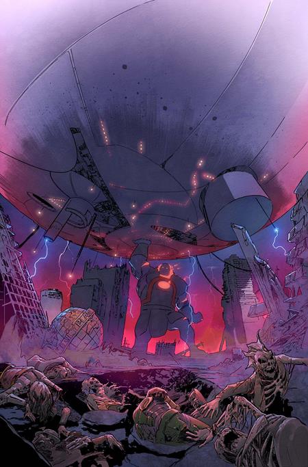 Large being holding a large circular object above his head surrounded by broken buildings and skeletons.