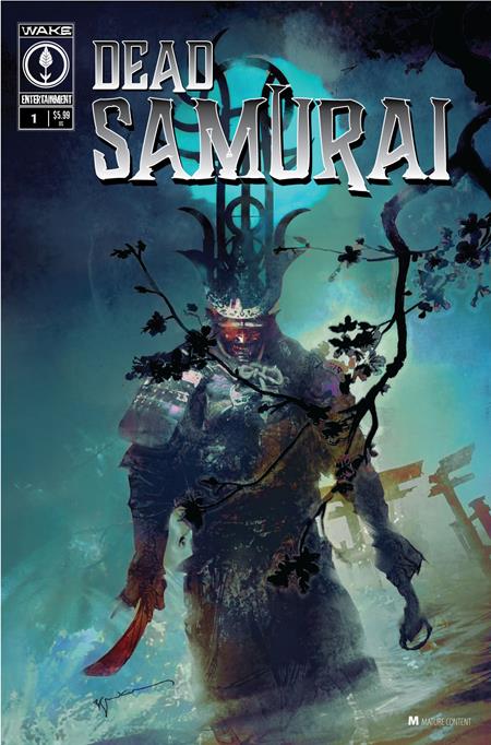 Comic book cover titled 'Dead Samurai' with a dark, mystical figure and cherry blossoms.