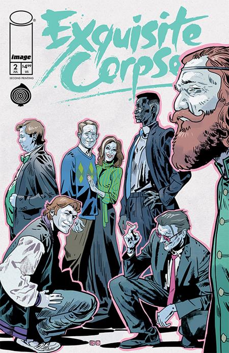 Comic book cover of 'Exquisite Corpse' with characters in formal attire.