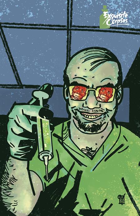 Illustration of a zombie in a lab setting holding a syringe, with 'Exquisite Corpse' logo in the corner.