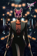Person wearing a fox mask and suit with a dark, eerie background