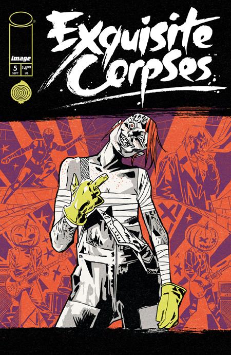 Comic book cover of 'Exquisite Corpses' with a stylized figure and colorful background.