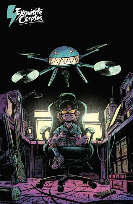 Cartoon character in a room with a drone and 'Exquisite Corpses' logo.