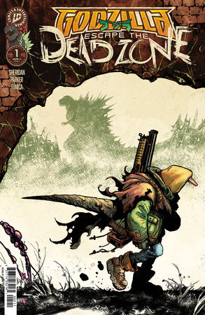 Comic book cover featuring a character in a survival scenario with text 'Godzilla: Escape the Dead Zone'.