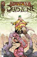 Comic book cover featuring a character in a yellow suit with a large creature, set against a cityscape.