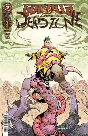 Comic book cover featuring a character in a yellow suit with a large creature, set against a cityscape.