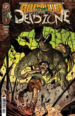 Comic book cover featuring a creature and a person in a distressed state, with 'Godzilla: Escape the Dead Zone' branding.
