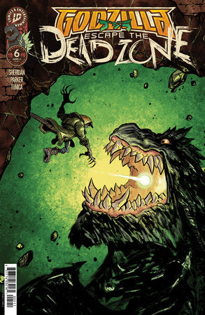 Comic book cover featuring Godzilla and a creature in a green and brown color scheme.