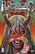 Comic book cover of 'Ferocious' with a creature and a person's face, on an orange and red background.