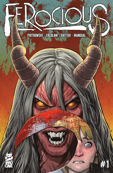 Comic book cover of 'Ferocious' with a creature and a person's face, on an orange and red background.