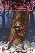 Comic book cover of 'Ferocious' with a character holding an axe against a snowy tree.