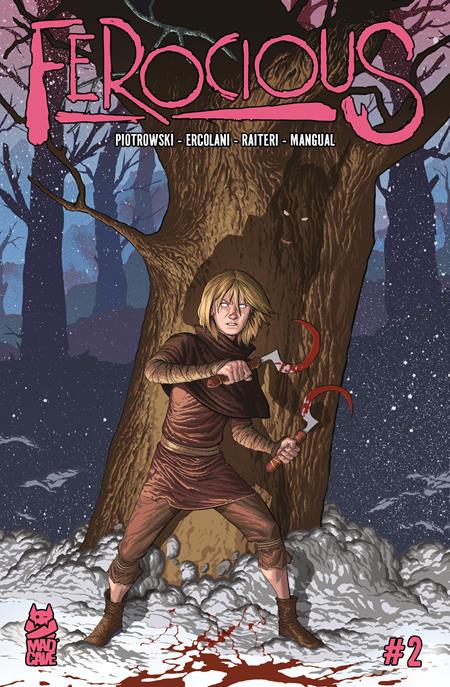 Comic book cover of 'Ferocious' with a character holding an axe against a snowy tree.