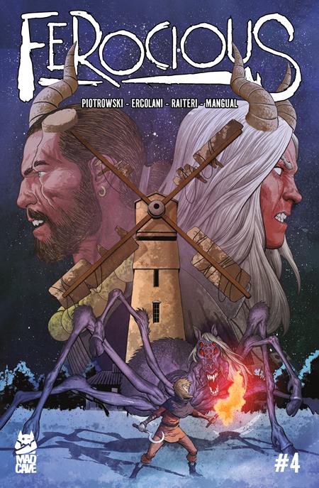 Comic book cover titled 'Ferocious' with two characters facing a windmill and creatures in a snowy landscape.