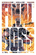 Comic book cover with a character in a dynamic pose surrounded by flames and smoke.