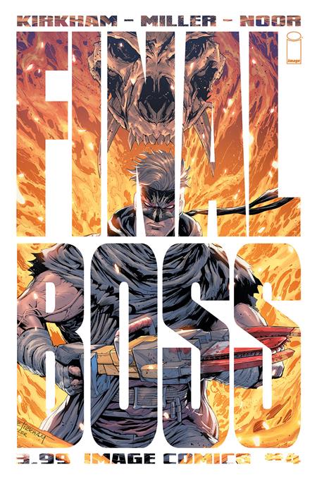 Comic book cover with a character in a dynamic pose surrounded by flames and smoke.