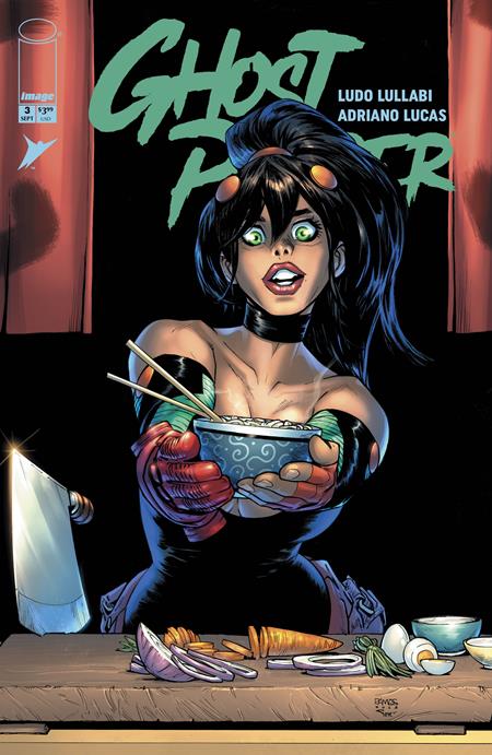 Comic book cover featuring a character eating ramen with 'Ghost' title and artist names.