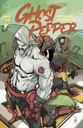 Comic book cover featuring a muscular character with a hood and red accents, with a woman in a black outfit in the background.
