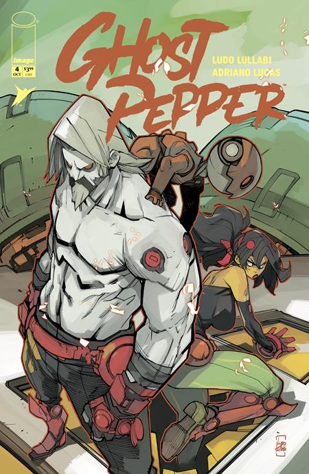Comic book cover featuring a muscular character with a hood and red accents, with a woman in a black outfit in the background.
