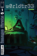 Comic book cover with a person sitting on a bed using a laptop, featuring the title 'worldtr33' and 'Image Firsts'.