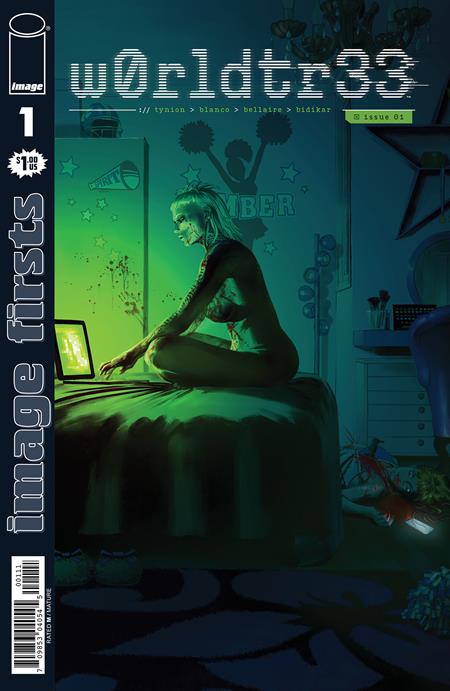 Comic book cover with a person sitting on a bed using a laptop, featuring the title 'worldtr33' and 'Image Firsts'.