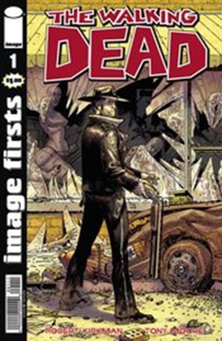 Comic book cover of 'The Walking Dead' with a character holding a gun in a post-apocalyptic setting.