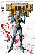 Comic book cover featuring a superhero with guns on a red splatter background, titled 'Invincible Universe Battle Lost'.