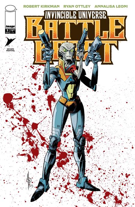 Comic book cover featuring a superhero with guns on a red splatter background, titled 'Invincible Universe Battle Lost'.