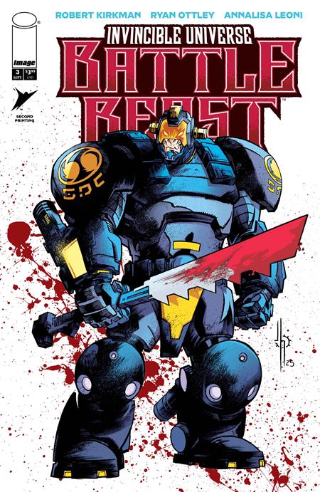 Comic book cover featuring a robot with a red blade, titled 'Invincible Universe Battle Beast'.