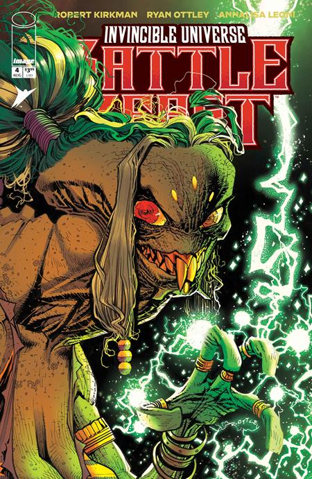Comic book cover featuring a creature with green skin and red eyes, surrounded by lightning.