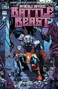 Comic book cover featuring a warrior and creature in a dystopian setting with 'Invincible Universe Battle Beast' text.