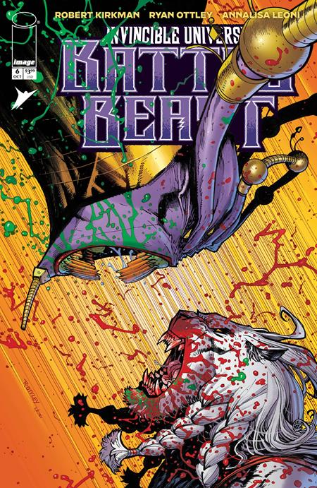 Comic book cover featuring a creature and text related to 'Invincible Universe' and 'Battle Beast'.