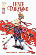 Comic book cover of 'I Hate Fairyland' with a character holding a sword and surrounded by blood and bodies.