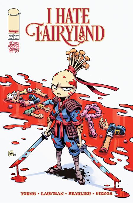 Comic book cover of 'I Hate Fairyland' with a character holding a sword and surrounded by blood and bodies.