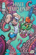 Comic book cover of 'Hate Fairyland' with cartoon characters and chainsaw.